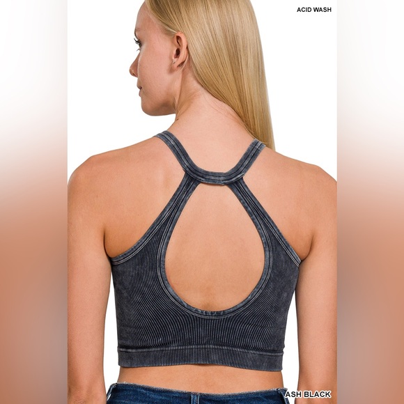 Ash Black Washed Ribbed Seamless Button V-Neck Tank - Picture 2 of 2